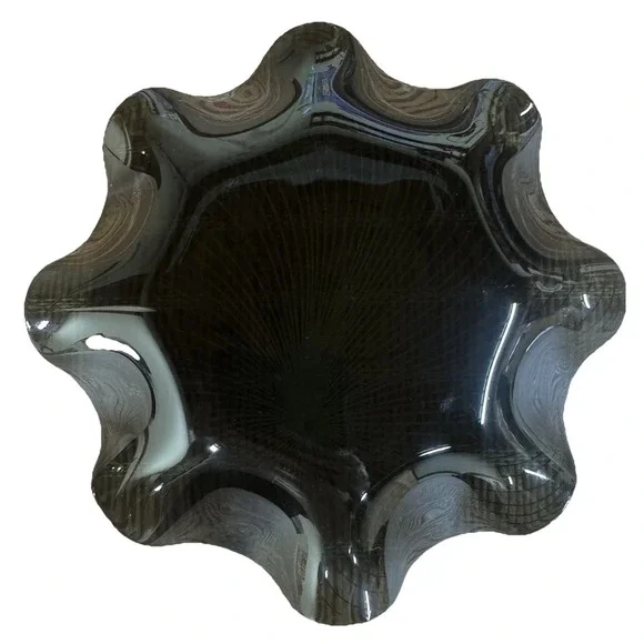 Lausitzer Kristall 7" 60s Optic Spiral Art Ruffled Tricket Candy Dish Bowl Black - Picture 4 of 4